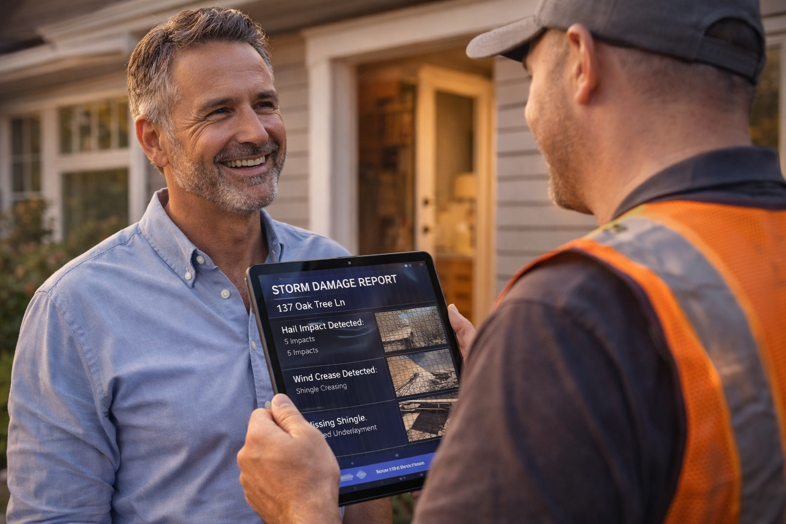 Happy homeowner reviewing organized roof inspection proof
